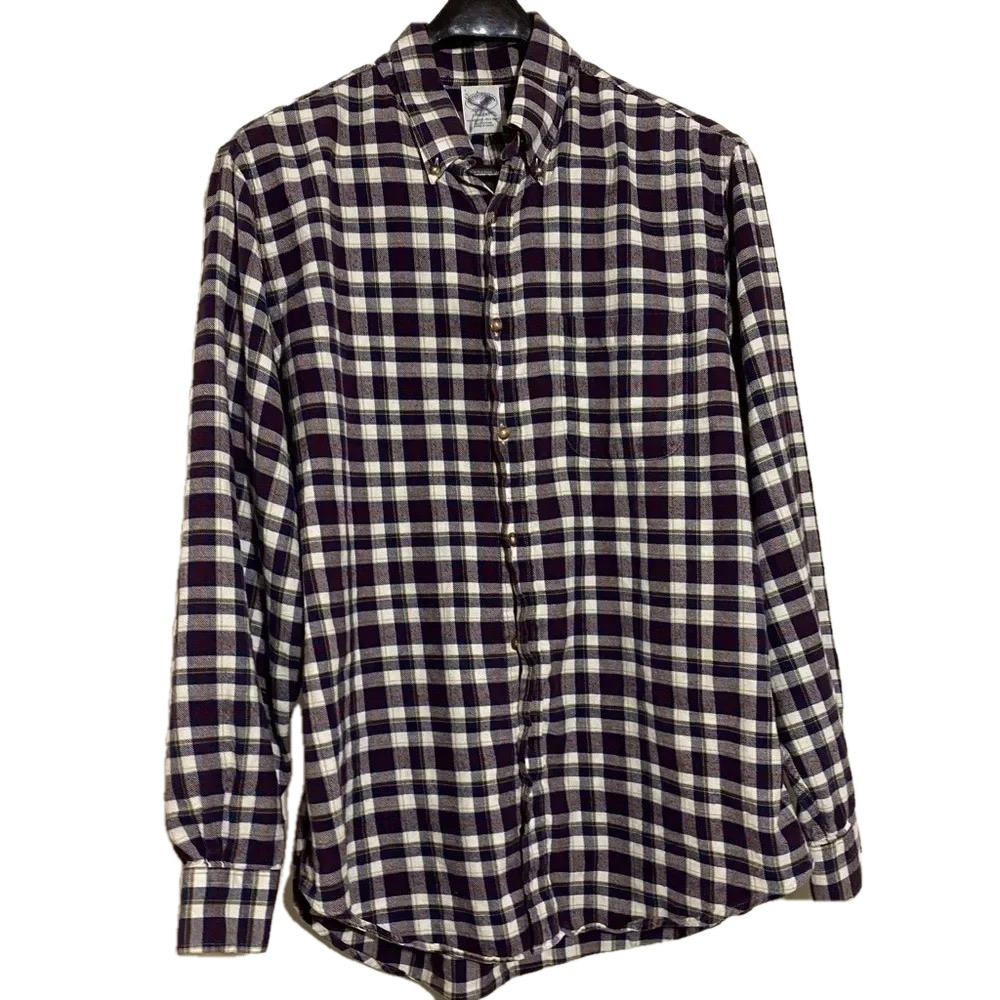 Brooks Brothers maroon white black men plaid button up long cuff sleeve shirts L